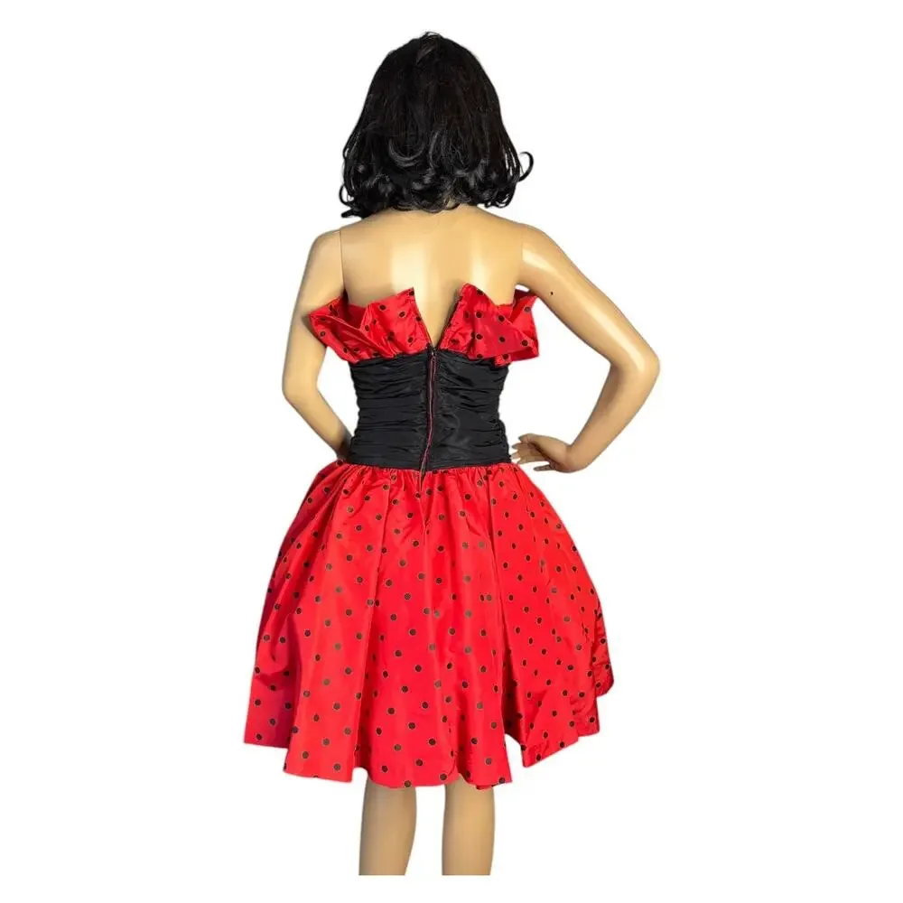1980s Vintage Red Black Polka Dot Strapless Party Dress XS